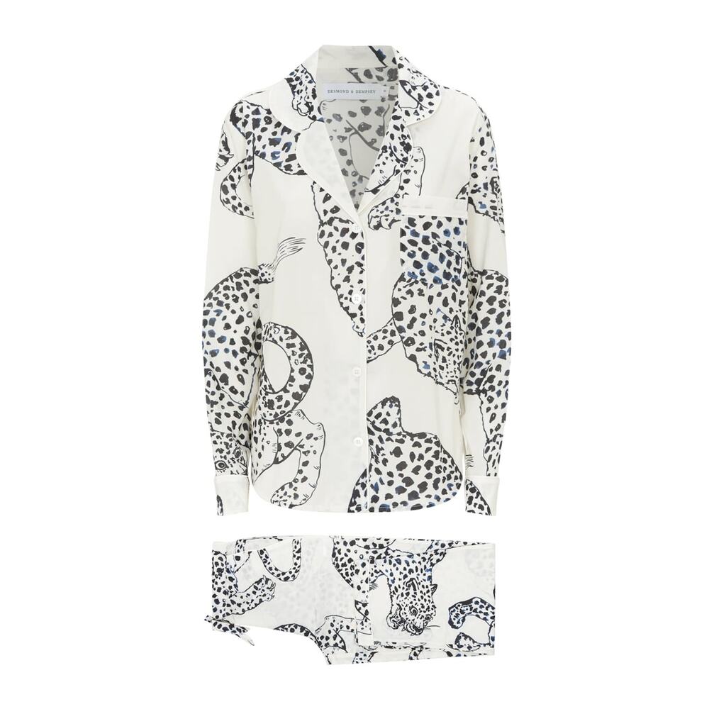 Desmond & Dempsey Jaguar Print Long Pajama Set Cream L Cotton $225 Retail